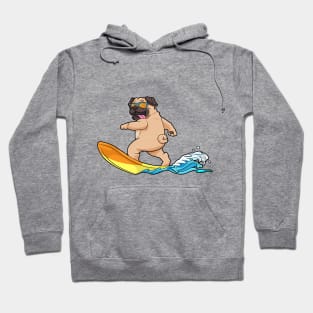 Pug as surfer with surfboard Hoodie